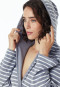 Light gray ringed bathrobe with hood, light terry cloth