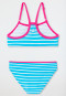 Bikini con bustino in tessuto a maglia riciclato a righe con fattore di protezione solare 40+ e volant, azzurro - Cat Zoe