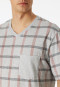 Schlafanzug kurz Organic Cotton V-Ausschnitt Brusttasche grau-meliert kariert - Comfort Nightwear