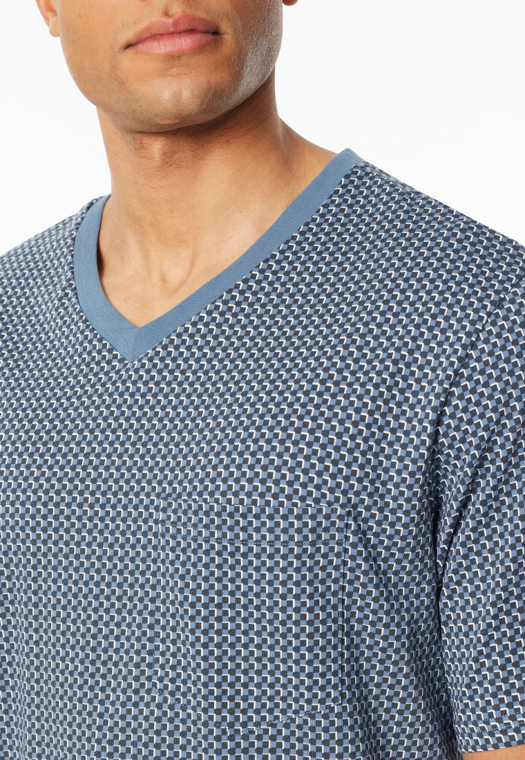 Nachthemd korte mouw Organic Cotton V-hals borstzak grafiet geruit - Comfort Nightwear