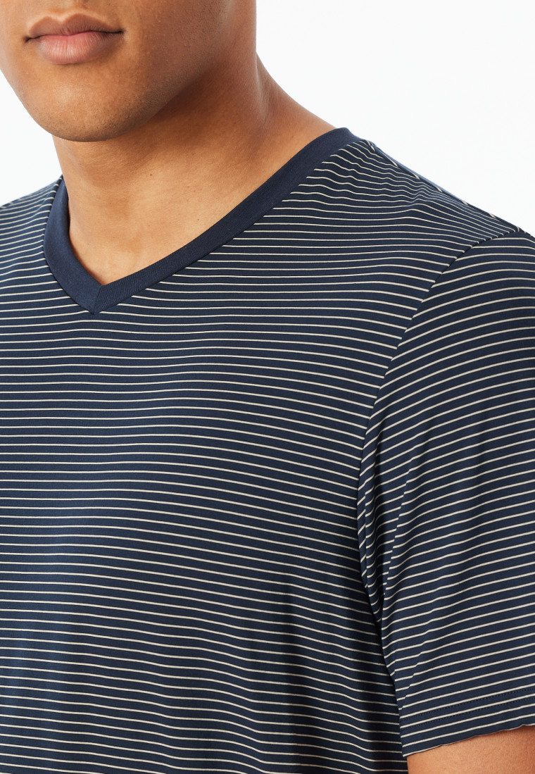 Pyjama korte modal v-hals strepen navy - Long Life Soft