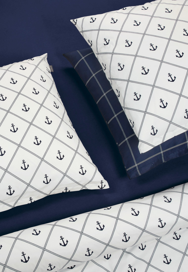 Tweedelige set bedlinnen satijn donkerblauw geruit - Schiesser Home