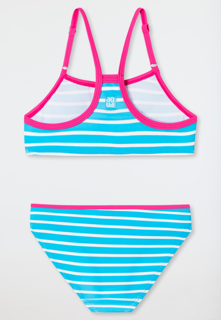 Bikini con bustino in tessuto a maglia riciclato a righe con fattore di protezione solare 40+ e volant, azzurro - Cat Zoe