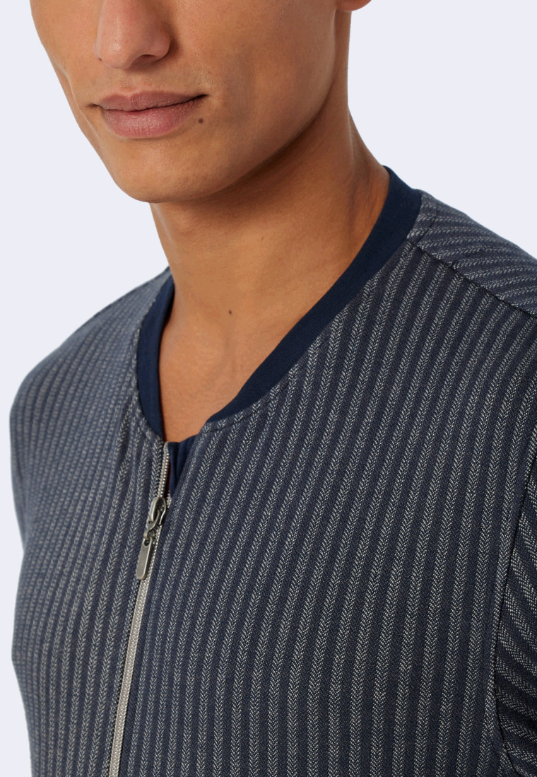 Leisure suit Tencel stand-up collar zipper cuffs herringbone pattern dark blue - Sleep+Lounge