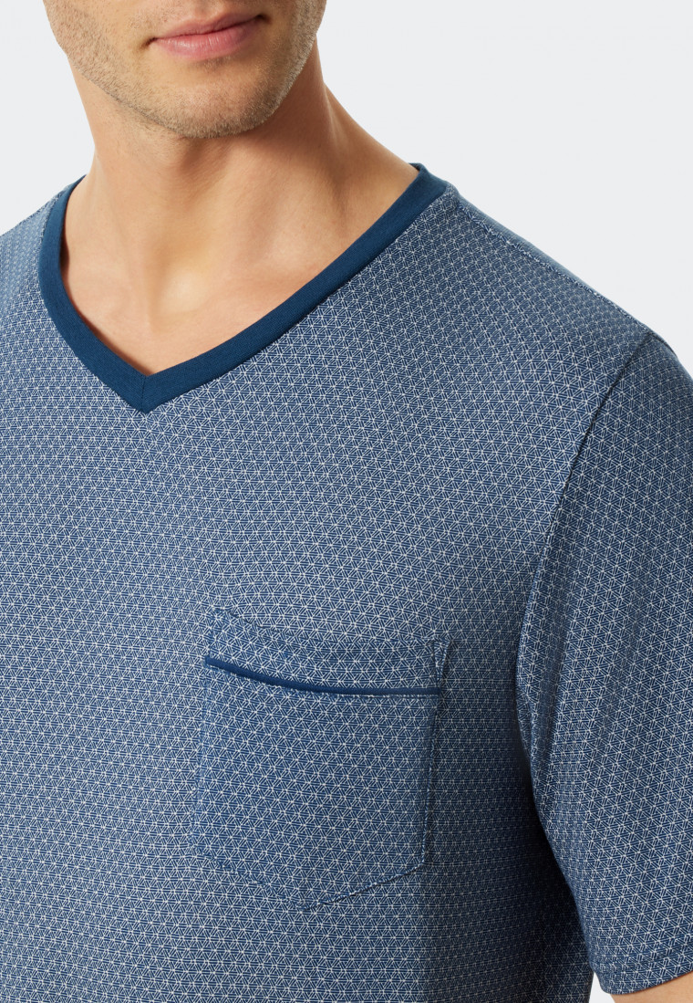 Kort nachthemd, V-hals met blauw patroon - fijne Interlock