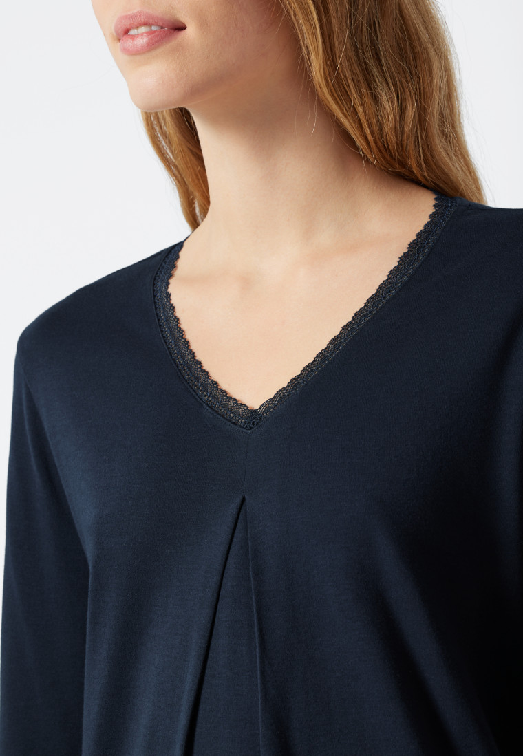 Sleep shirt long-sleeved interlock V-neck lace dark blue - Classic Comfort Fit
