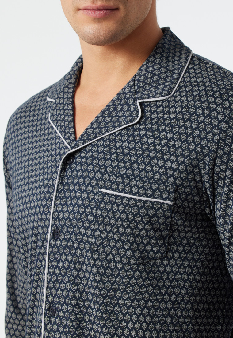 Pyjama long avec passepoil fin interlock à motifs bleu foncé - Fine Interlock