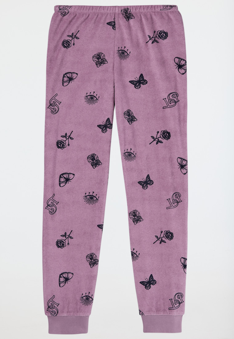 Schlafanzug lang Frottee Bündchen Schmetterlinge mauve - Nightwear