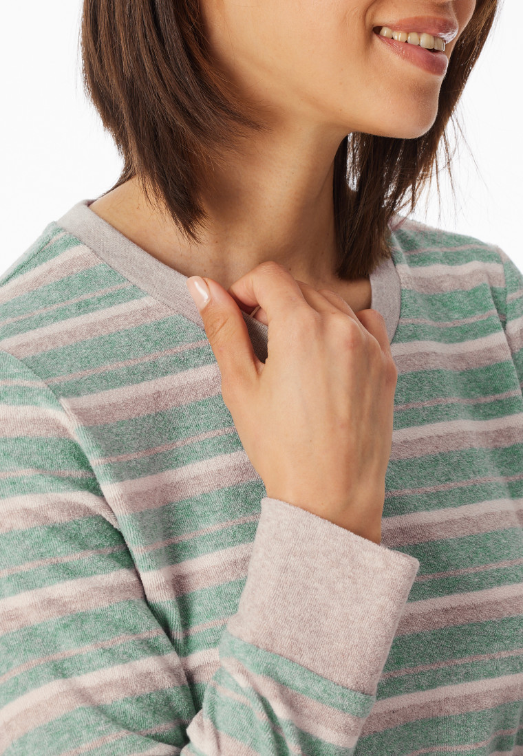 Schlafanzug lang Frottee Bündchen Ringel grün-meliert - Casual Essentials