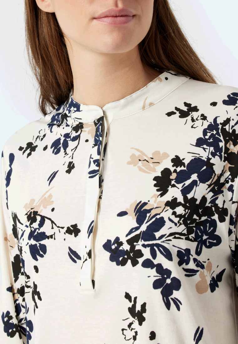 Pyjama long interlock col montant patte de boutonnage imprimé fleuri en blanc cassé - Contemporary Nightwear