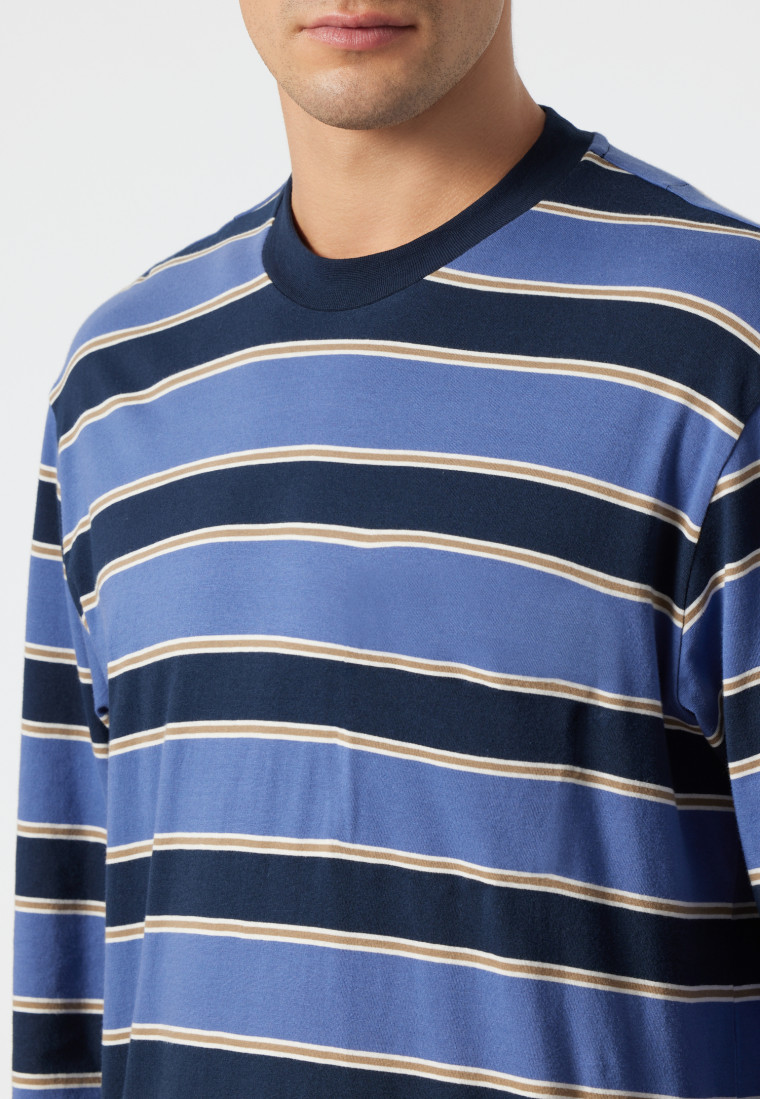 Pyjama long encolure ronde bords-côtes rayés bleu jean/bleu foncé - Comfort Fit
