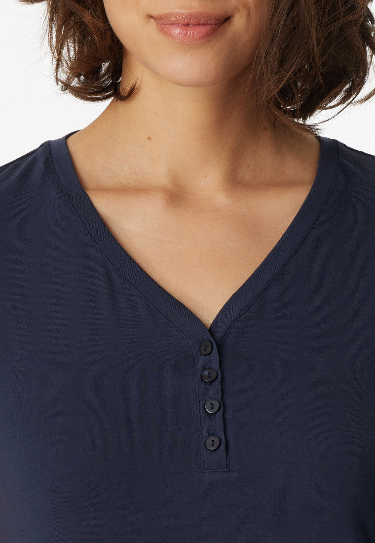 T-shirt à manches longues en modal col V patte de boutonnage bleu - Mix + Relax