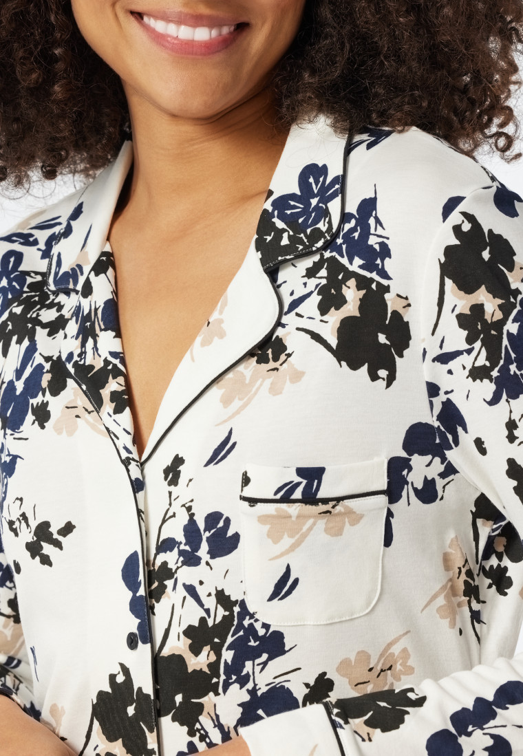 Chemise de nuit à manches longues interlock patte de boutonnage passepoil imprimé fleuri blanc cassé - Contemporary Nightwear