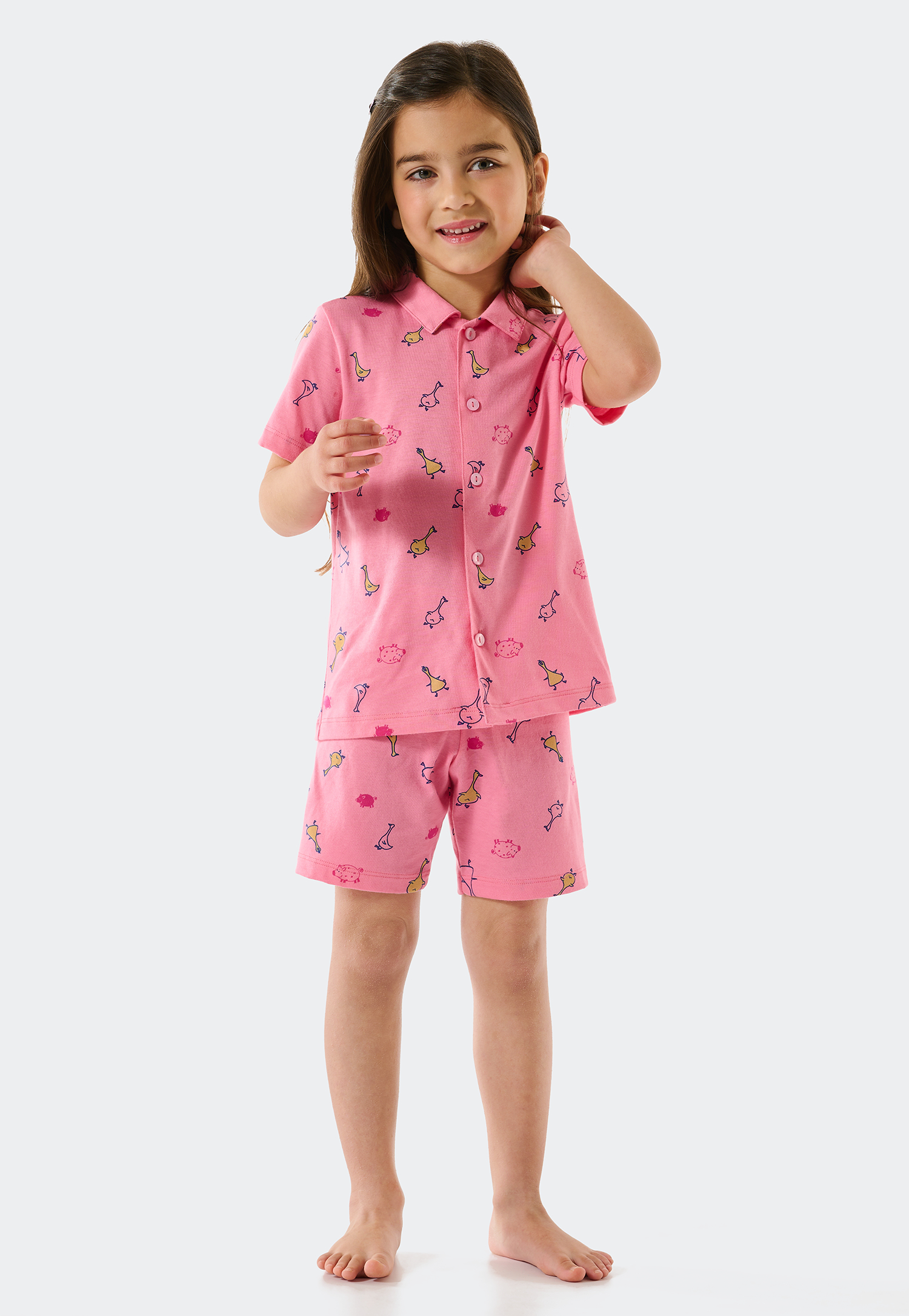 Pyjama kurz Organic Cotton Knopfleiste Gänse Schweine pink - Girls World 128