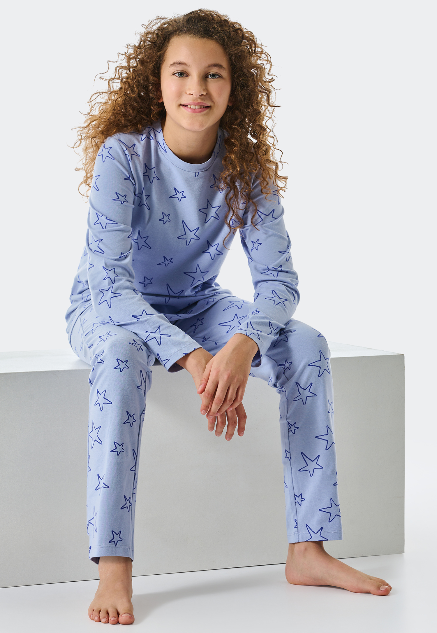 Pyjama lang biologisch katoen sterren zilver lila - Teens Nightwear 152