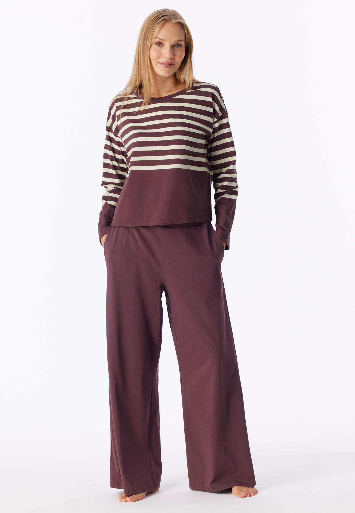 Lange pyjama met streepjes, cacaobruin - Casual Nightwear 44
