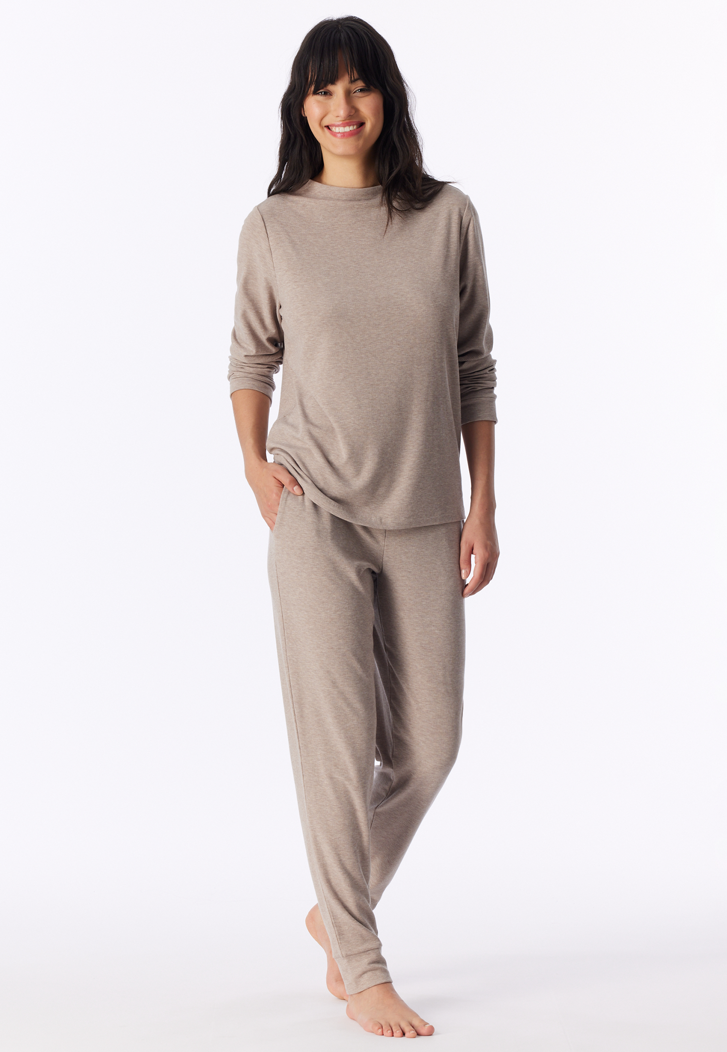 Lange pyjama van fijnrib, warm, bruin gemêleerd - selected! Premium Warming 42