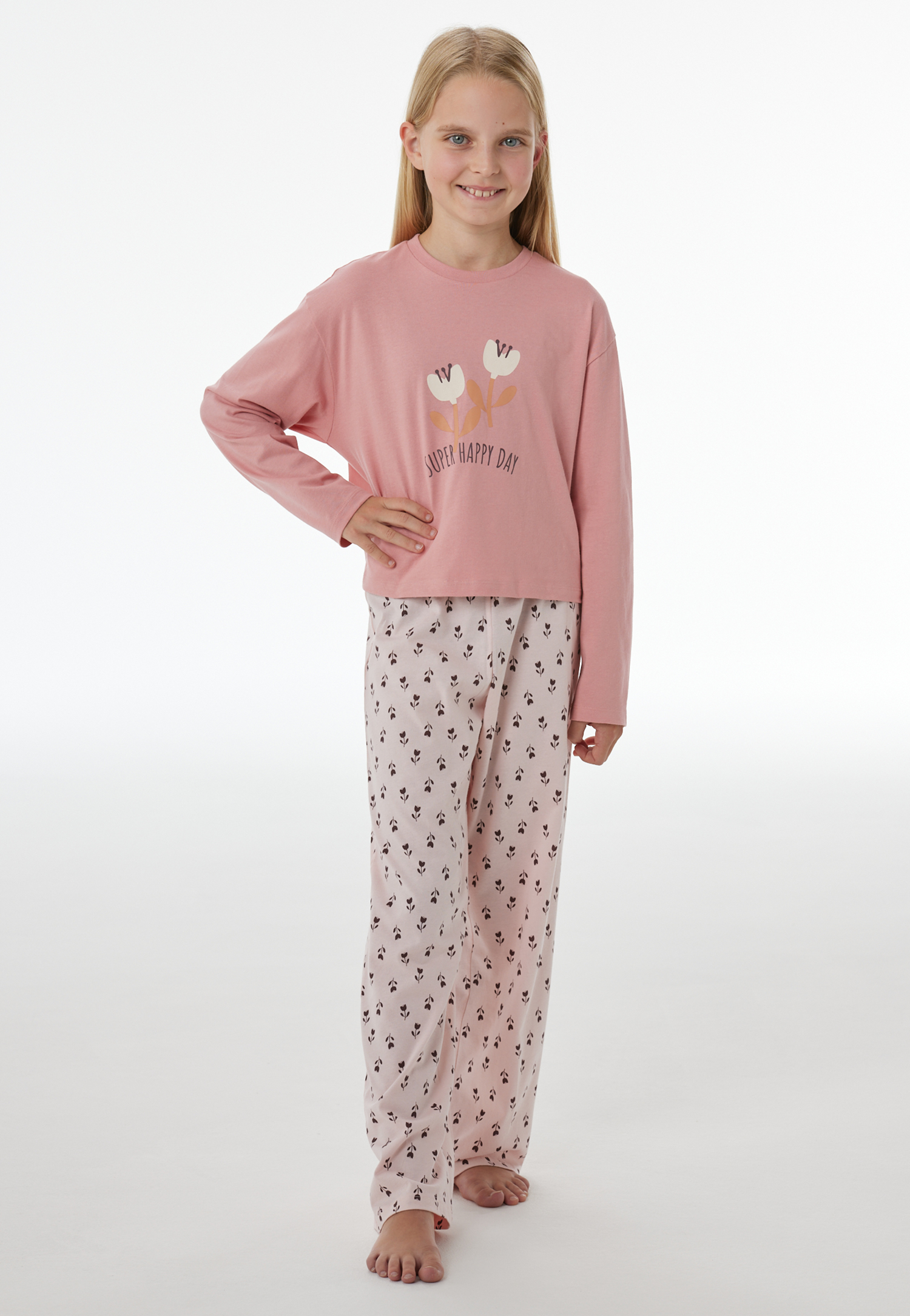 Lange pyjama met bloemenmotief, oudroze - Nightwear 164