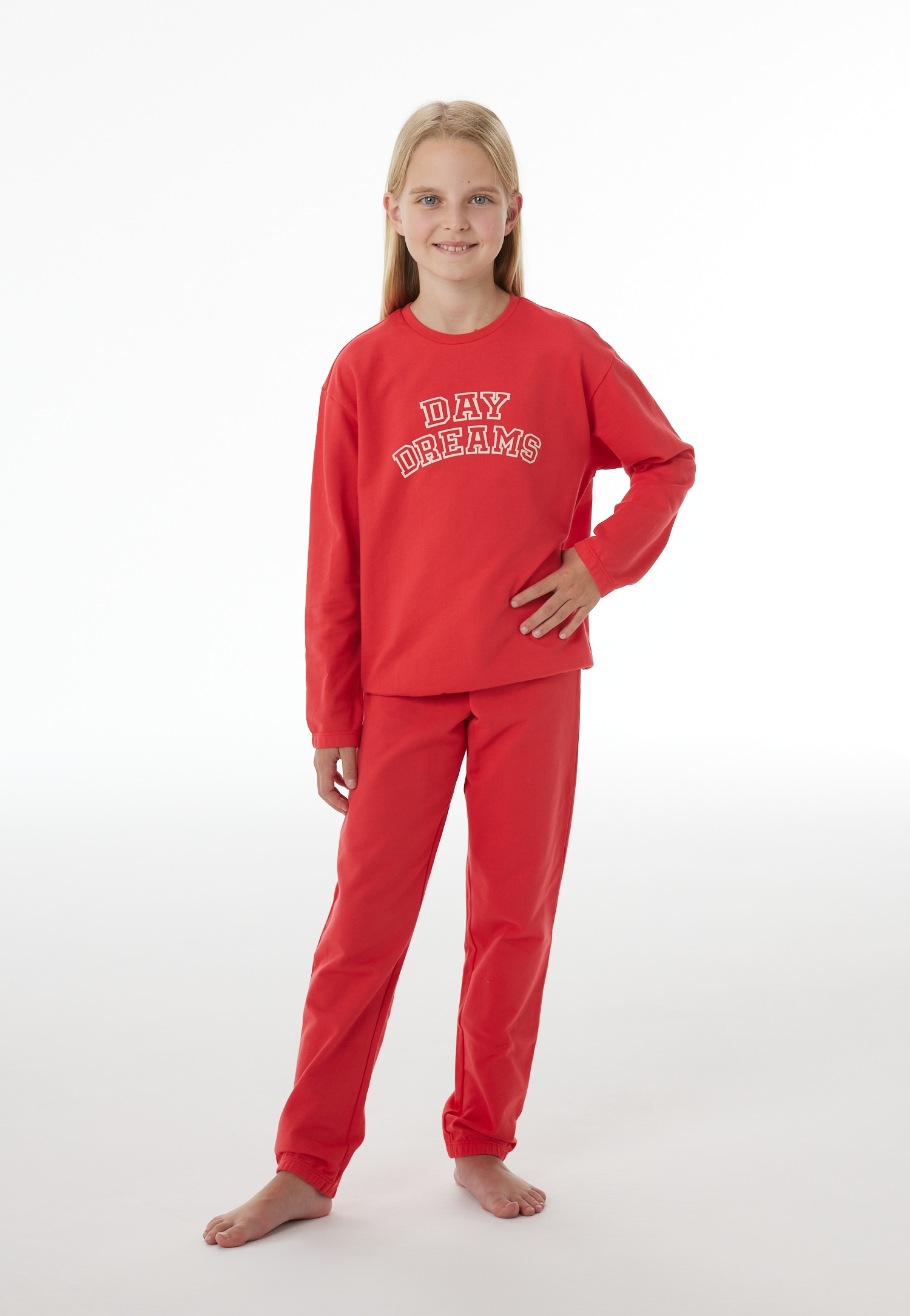 Lange pyjama van sweatshirtstof met manchetten, levendig rood - Nightwear 98