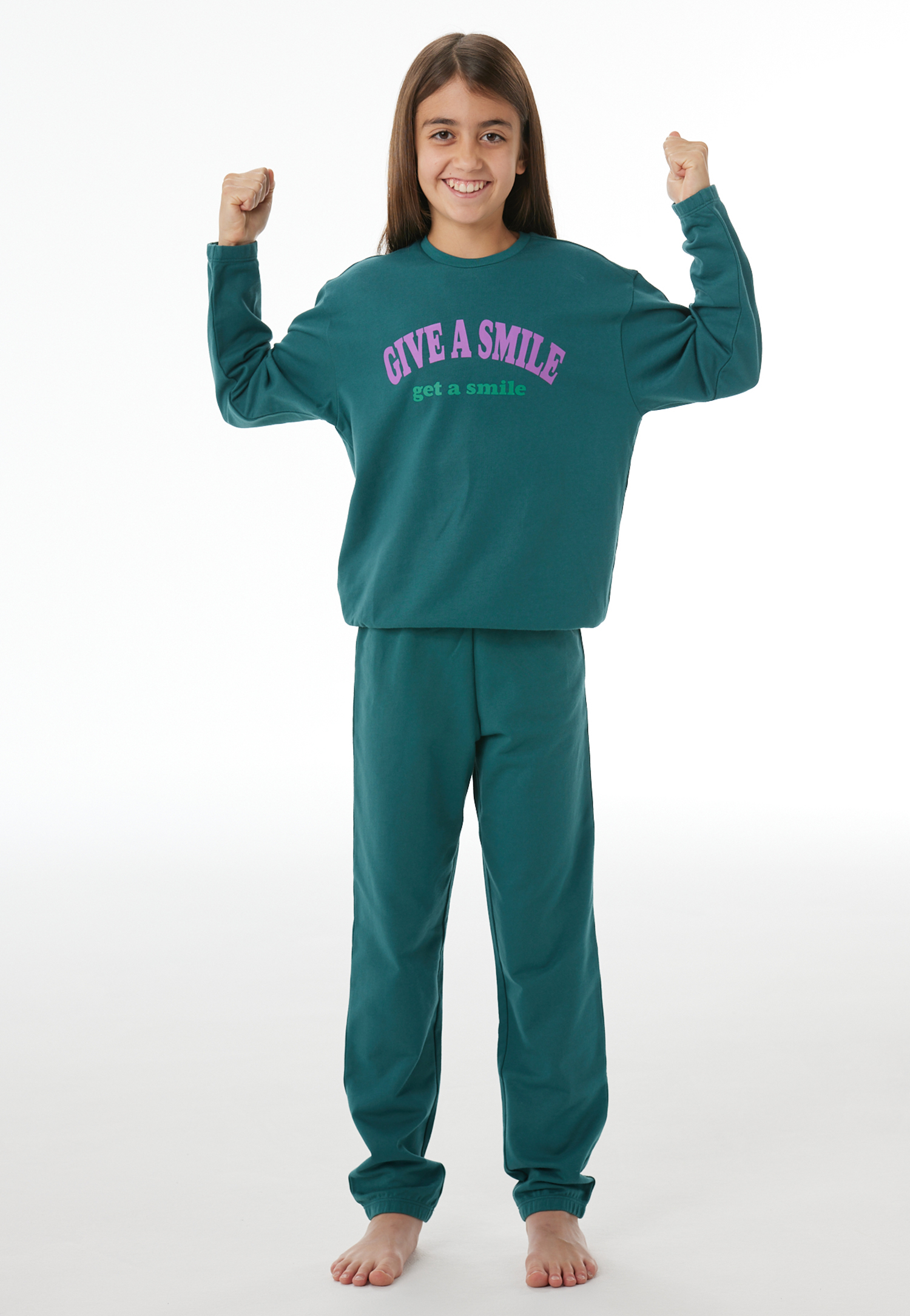 Lange pyjama van sweatshirtstof met manchetten, diepzeegroen - Nightwear 104