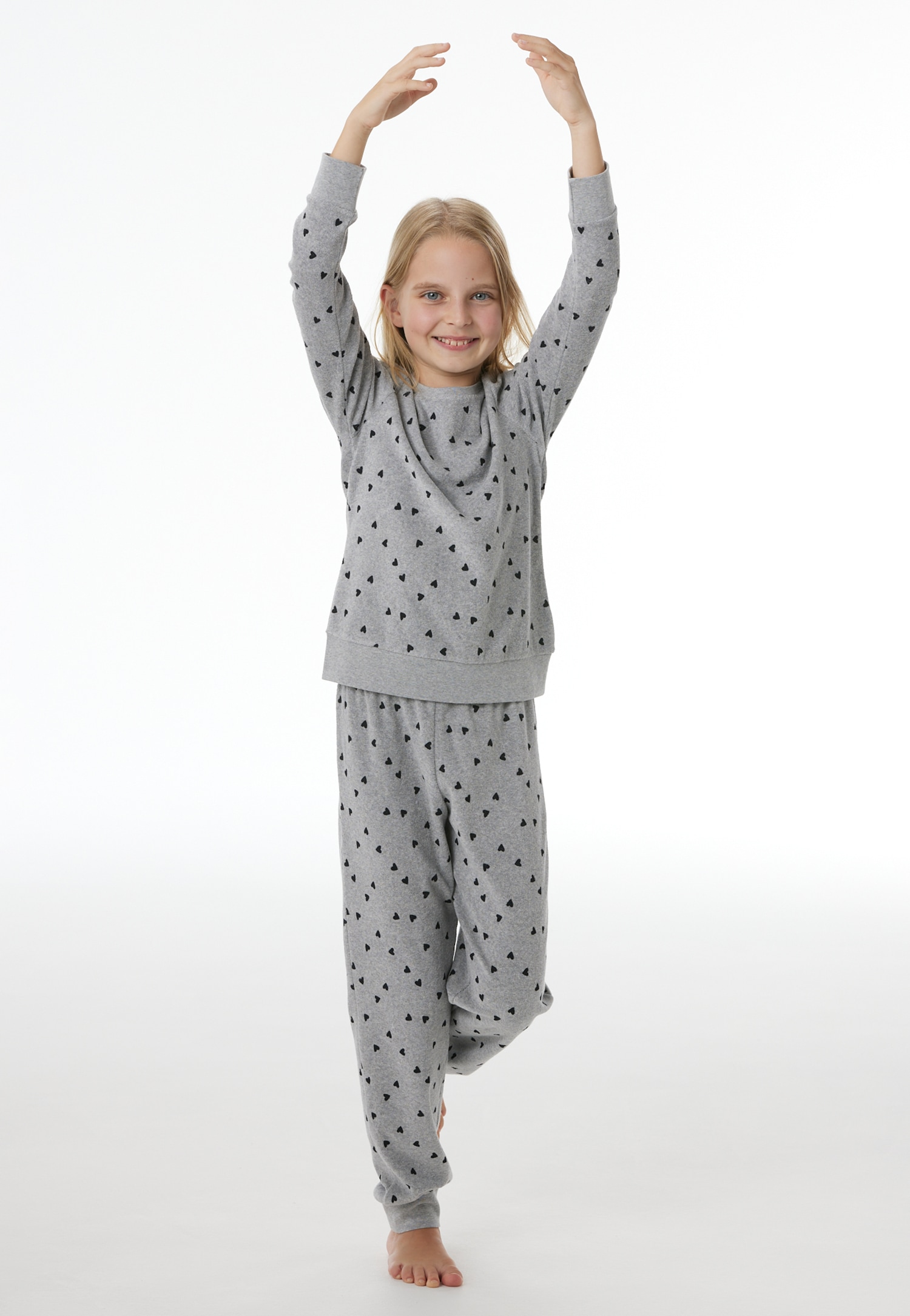 Lange pyjama van frottee met manchetten en hartjes, grijs gemêleerd - Nightwear 98