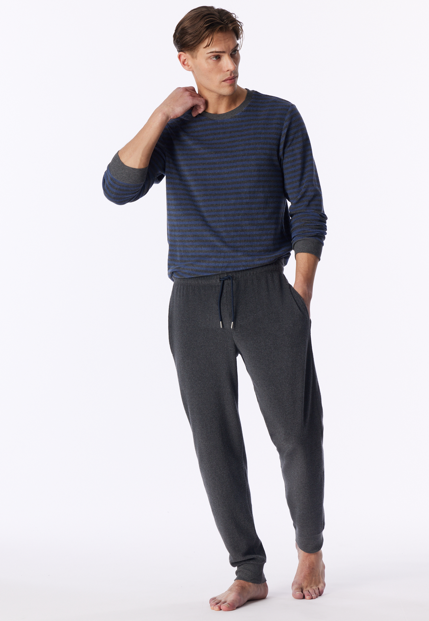Lange pyjama van frottee met manchetten, met streepjes in faded denim - Casual Nightwear 58