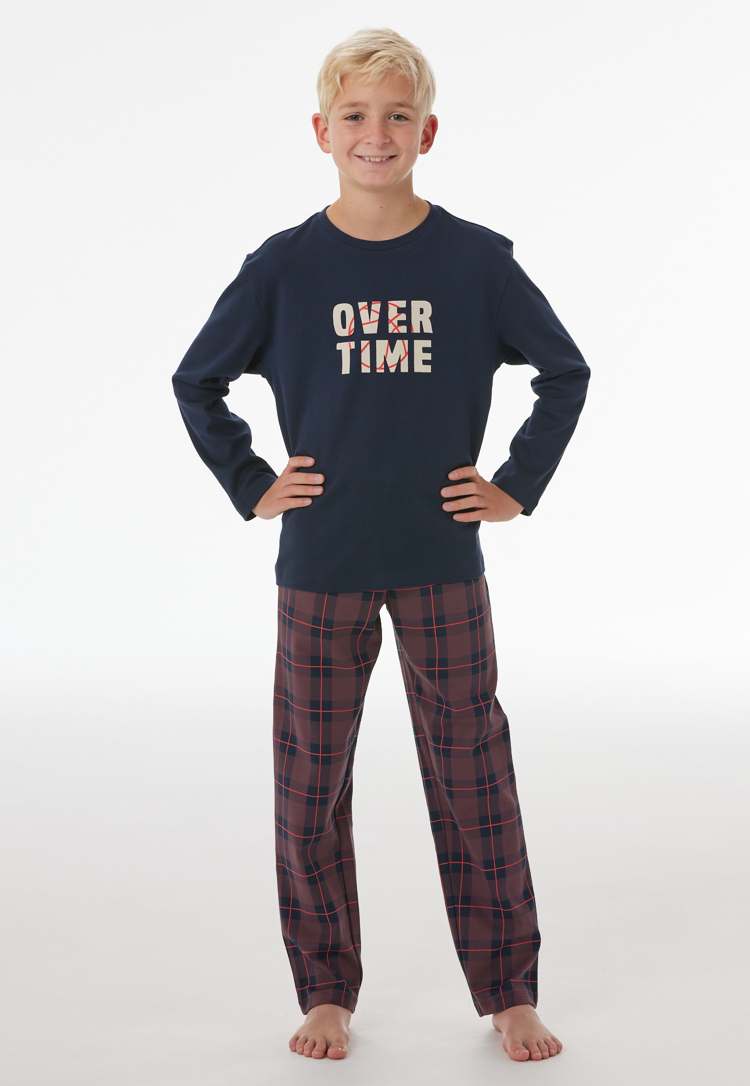 Lange pyjama van interlock met ruitjesmotief, nachtblauw - Nightwear 98