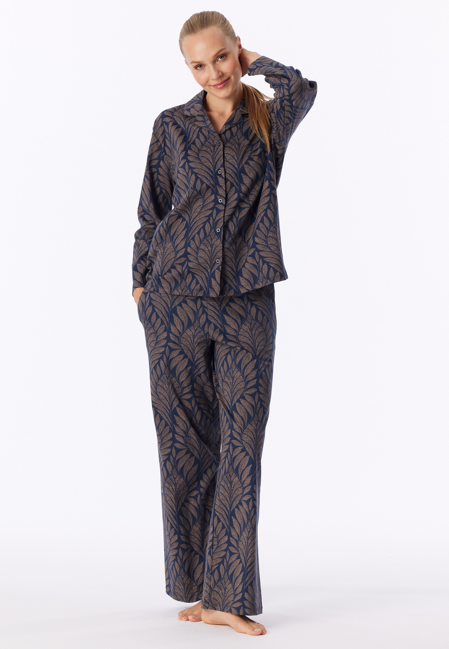 Lang pyjama van interlock, diepzeeblauw met patroon - Interlock 36