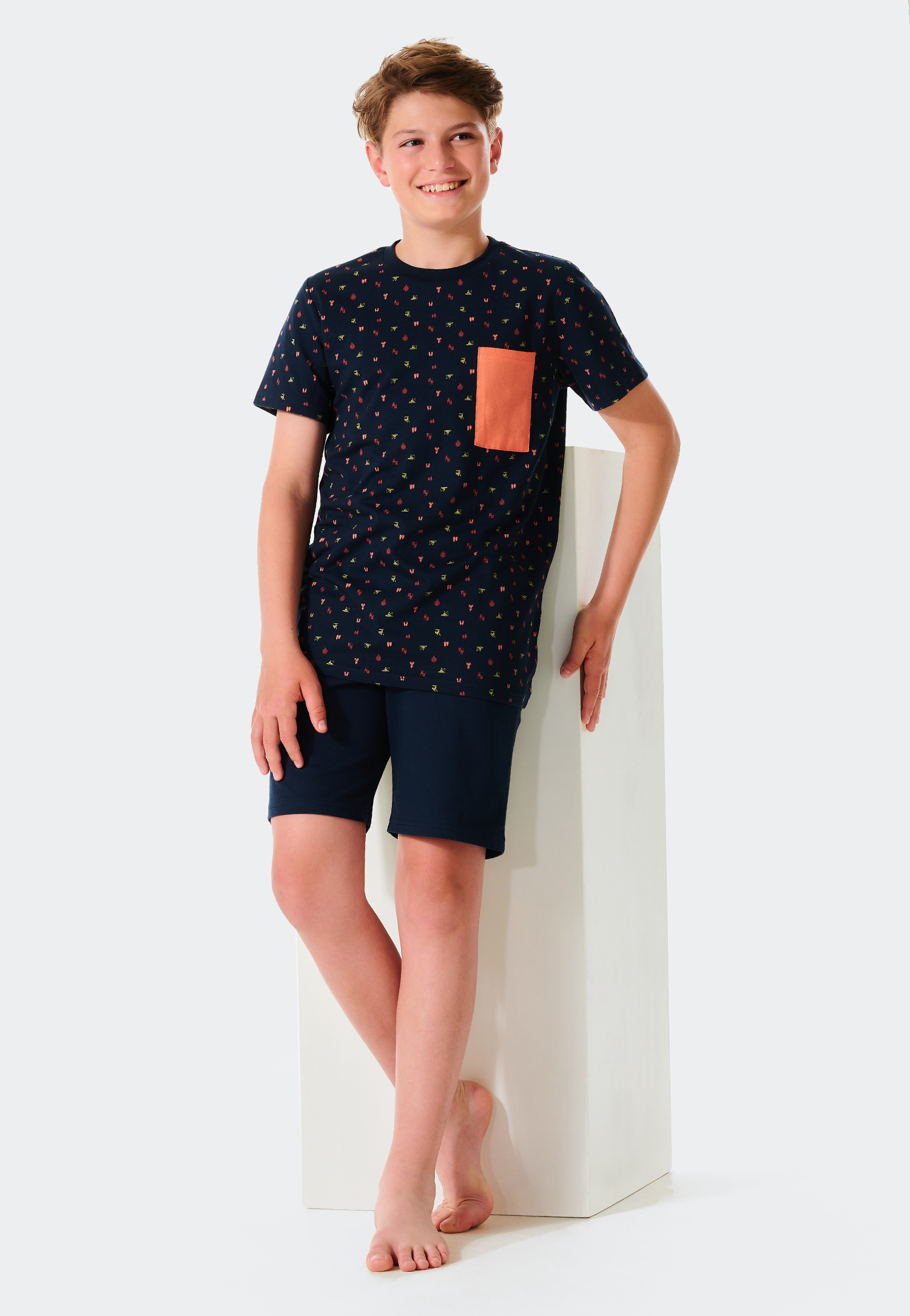 Schiesser Korte pyjama, biologisch katoenen borstzakje, donkerblauw - Summer Camp 
