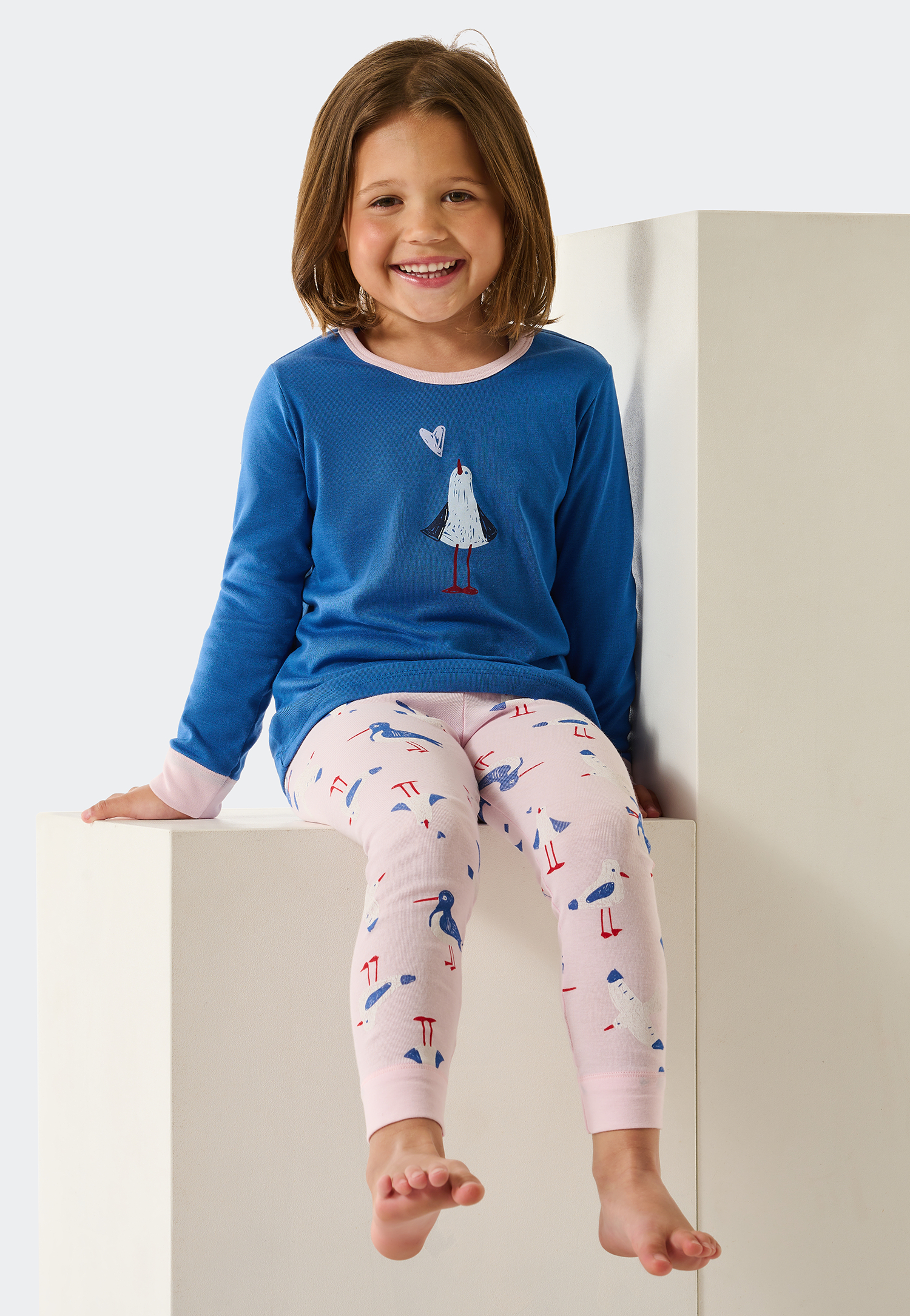 Schlafanzug lang Feinripp Organic Cotton Bündchen Leggings Möwen aqua - Natural Love 92