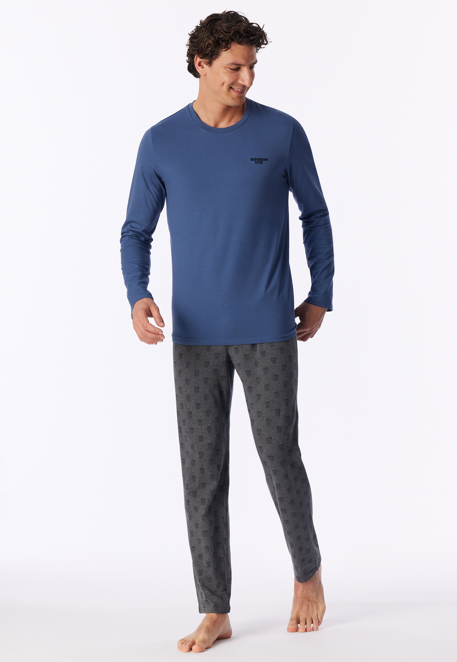 Lange pyjama, koffiebruin met donkergrijs gemêleerd patroon - 95/5 48