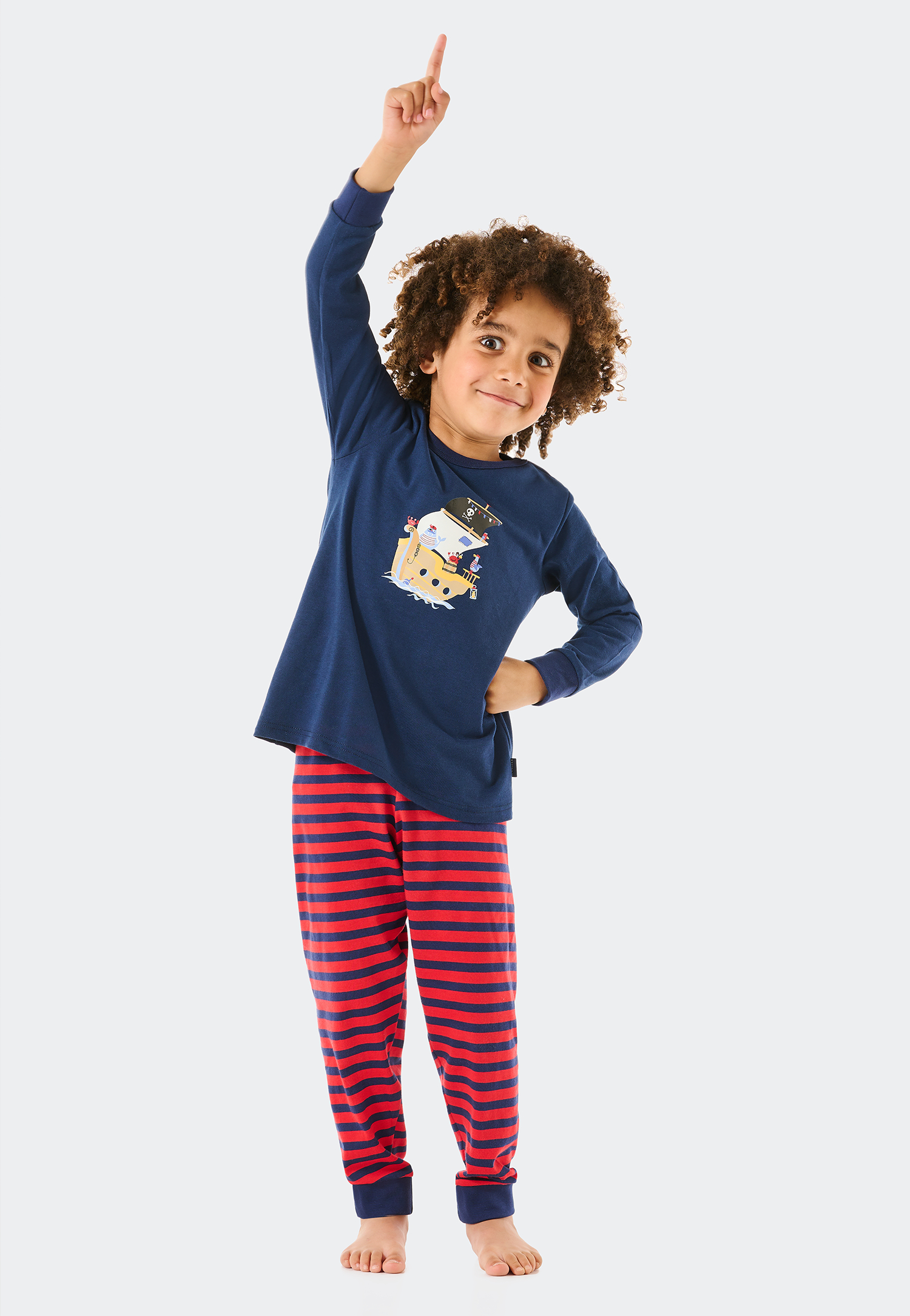 Schlafanzug lang Organic Cotton Ringel Bündchen Schiff Piraten dunkelblau - Boys World 98