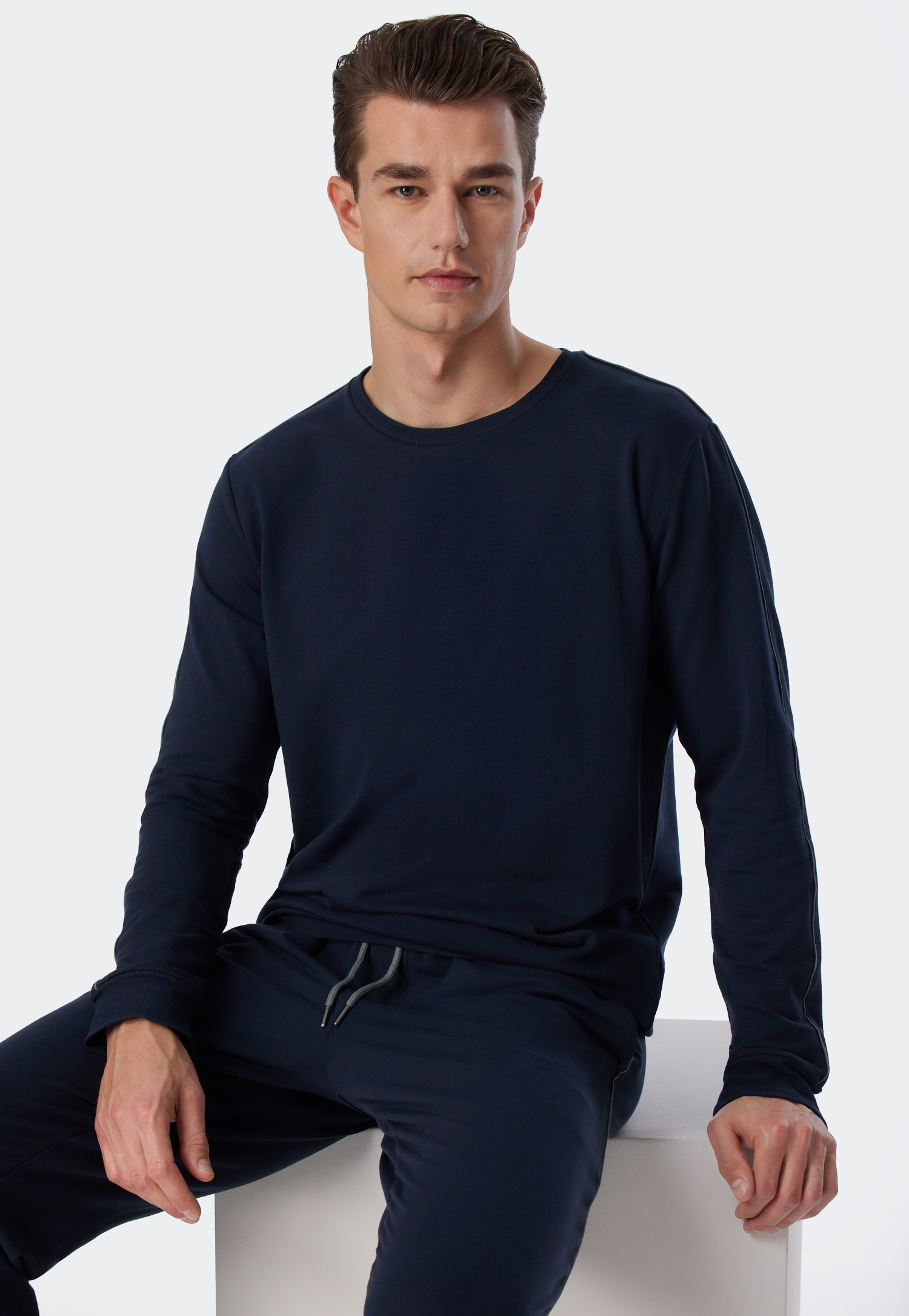Shirt langarm Sweatware Organic Cotton Tencel Bündchen Streifen dunkelblau - Mix+Relax 58