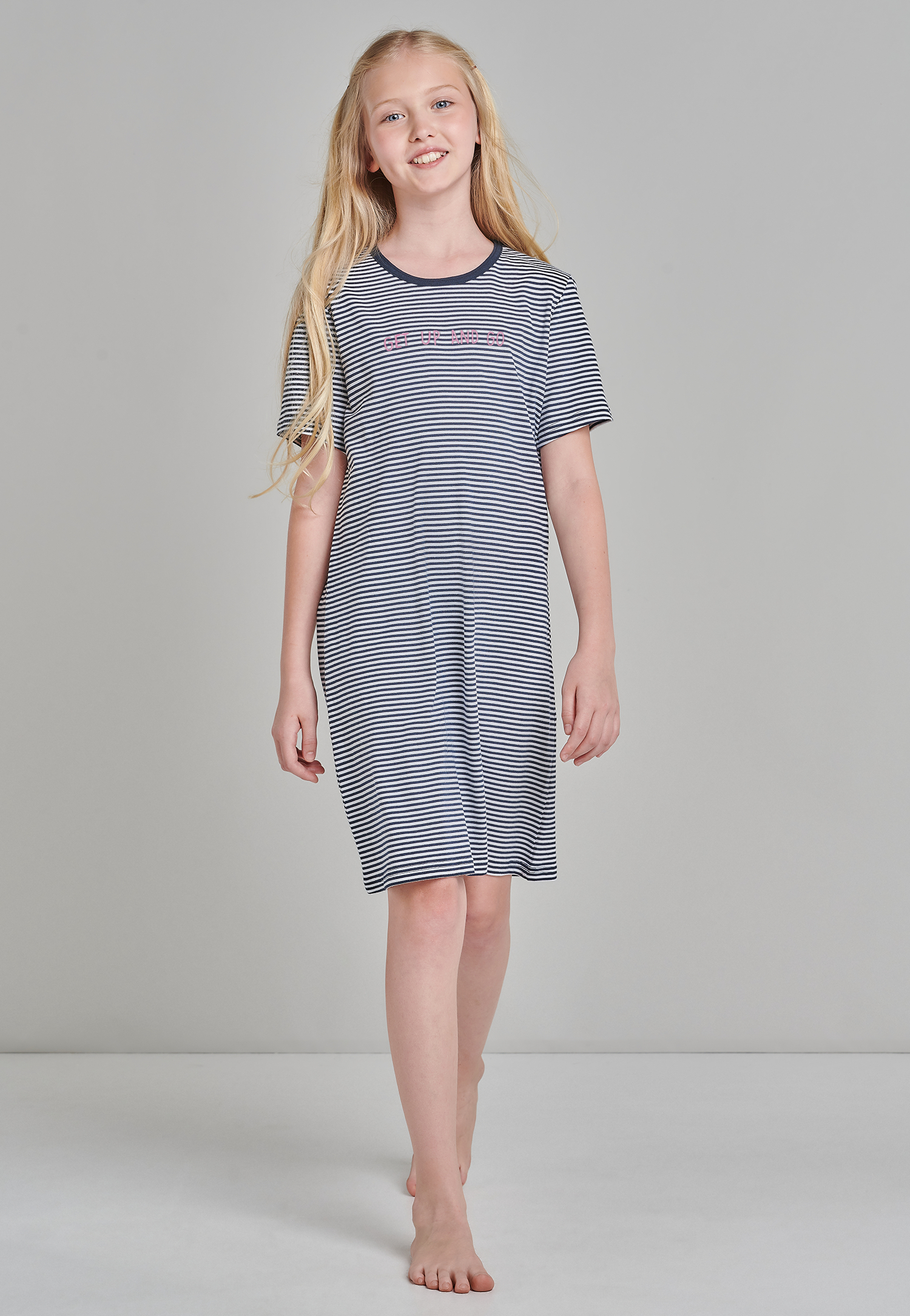 Sleepshirt kurzarm Organic Cotton Ringel blau - Nightwear Blau 164