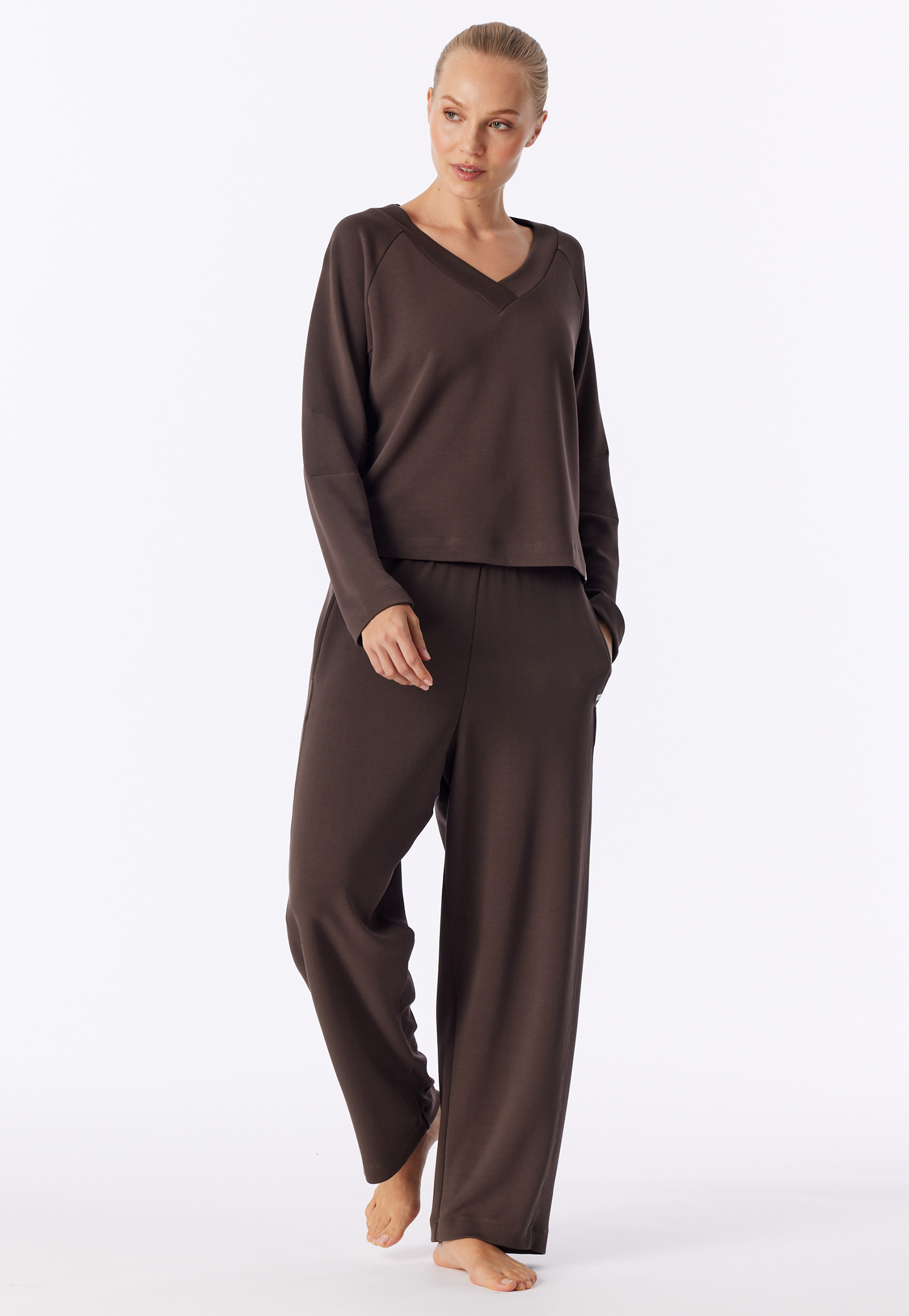 Sweatshirt met lange mouwen, doubleface, v-hals, diepbruin - Mix+ Relax 34