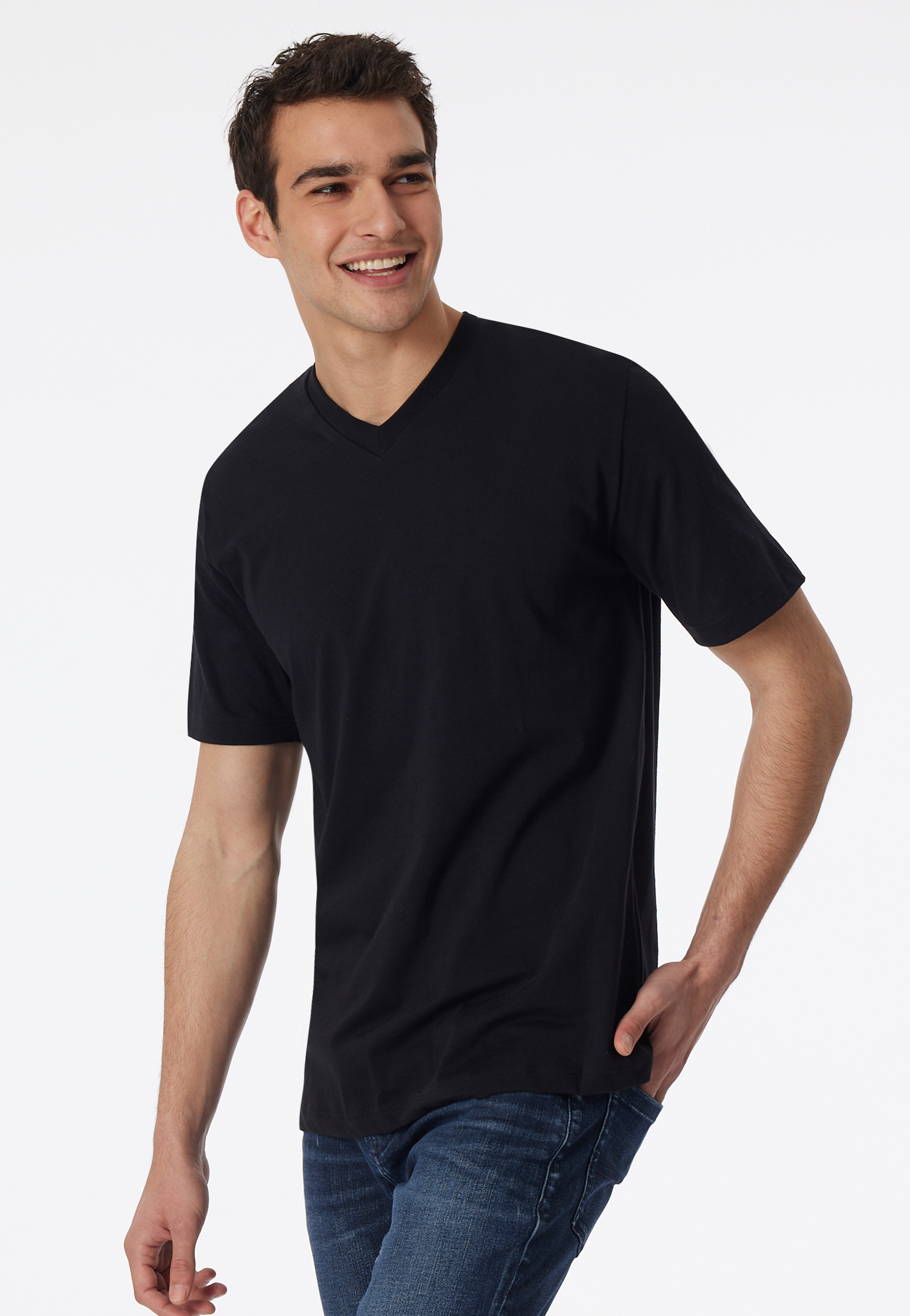 Schiesser Shirt kurzarm Jersey 2er-Pack V-Ausschnitt schwarz - American T-Shirt für Herren