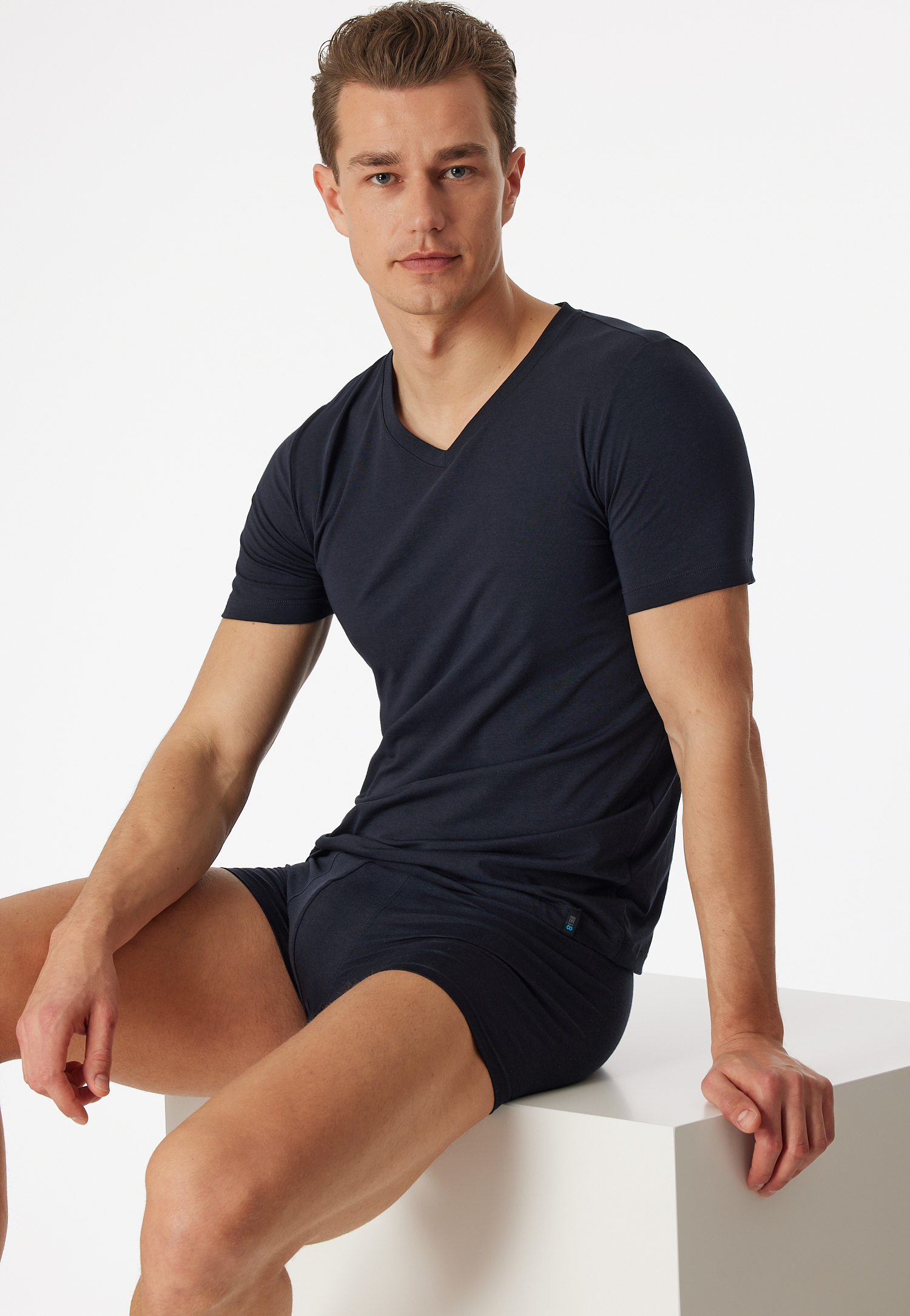 Schiesser Shirt kurzarm Jersey elastisch V-Ausschnitt blauschwarz - Long Life Soft für Herren