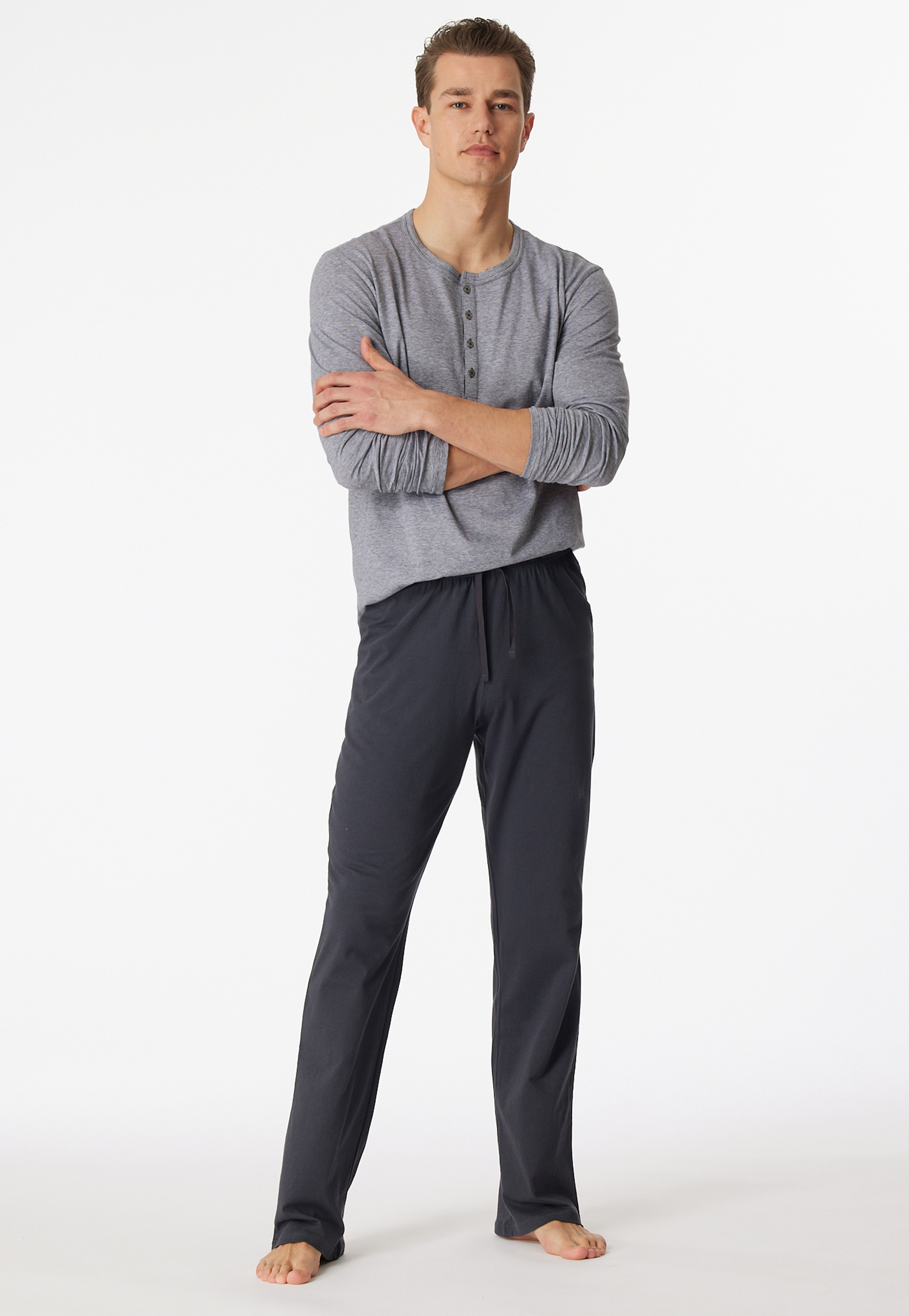 Schiesser Schlafanzug lang Knopfleiste grau-weiß geringelt - Ebony für Herren