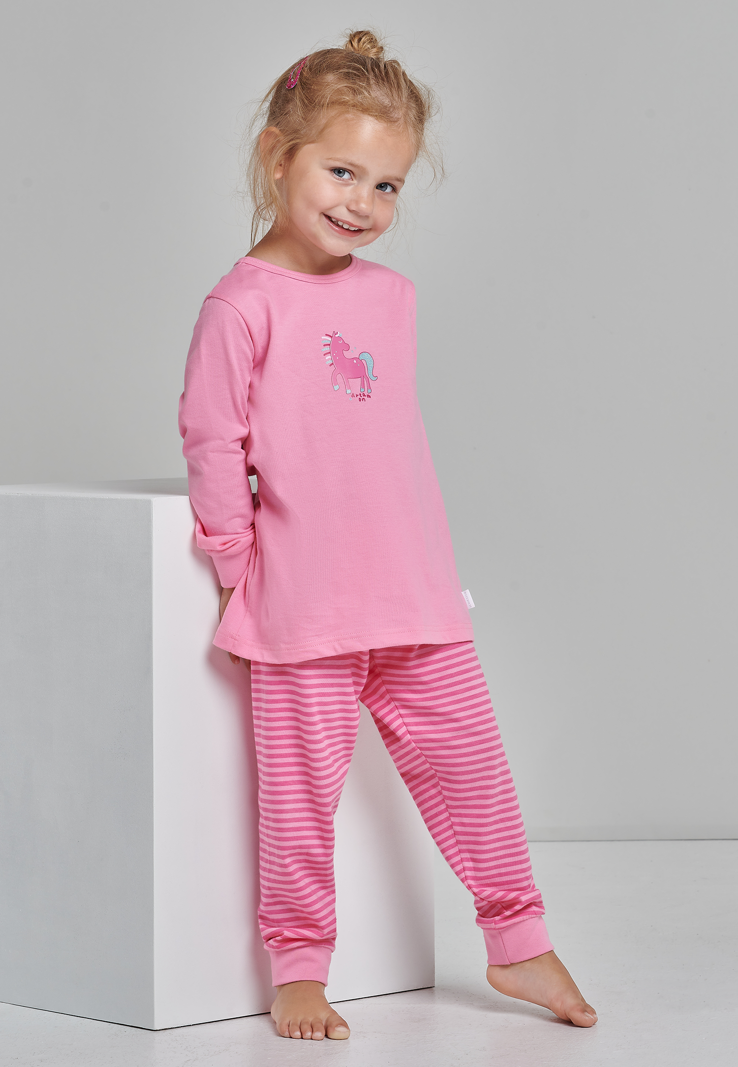 Schiesser Schlafanzug lang Organic Cotton Bündchen Pferd Ringel rosa - Nightwear für Mädchen