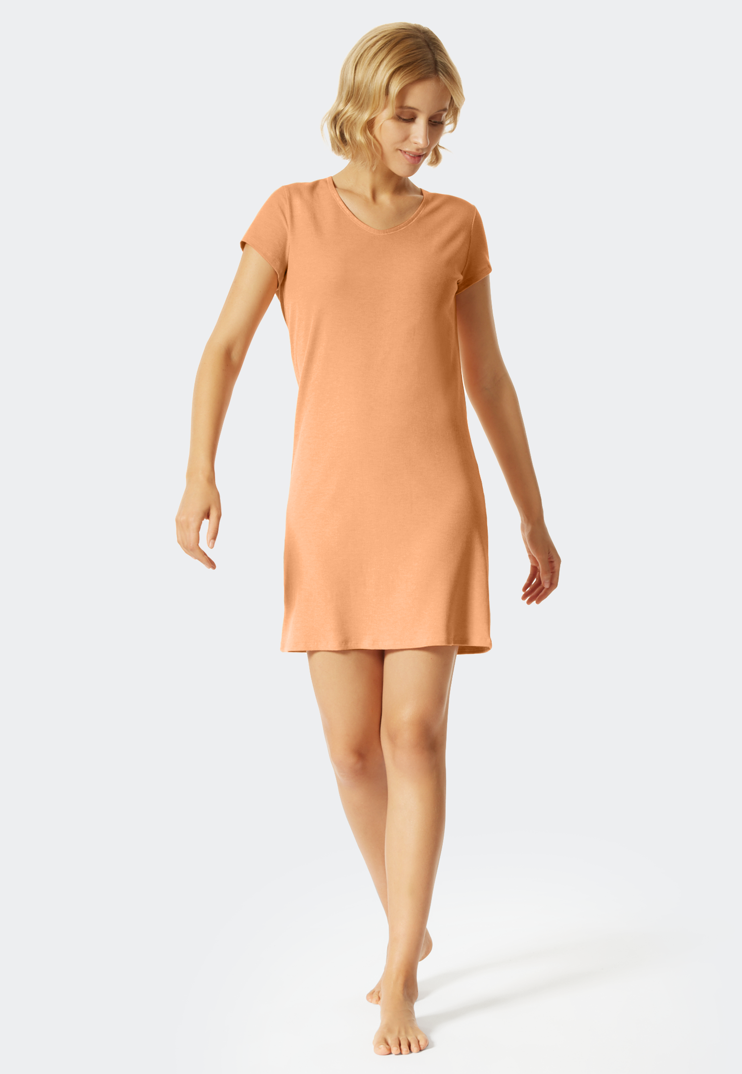 Schiesser Sleepshirt kurzarm Doppelripp V-Ausschnitt pfirsich - Modern Rib - Natural Dye für Damen