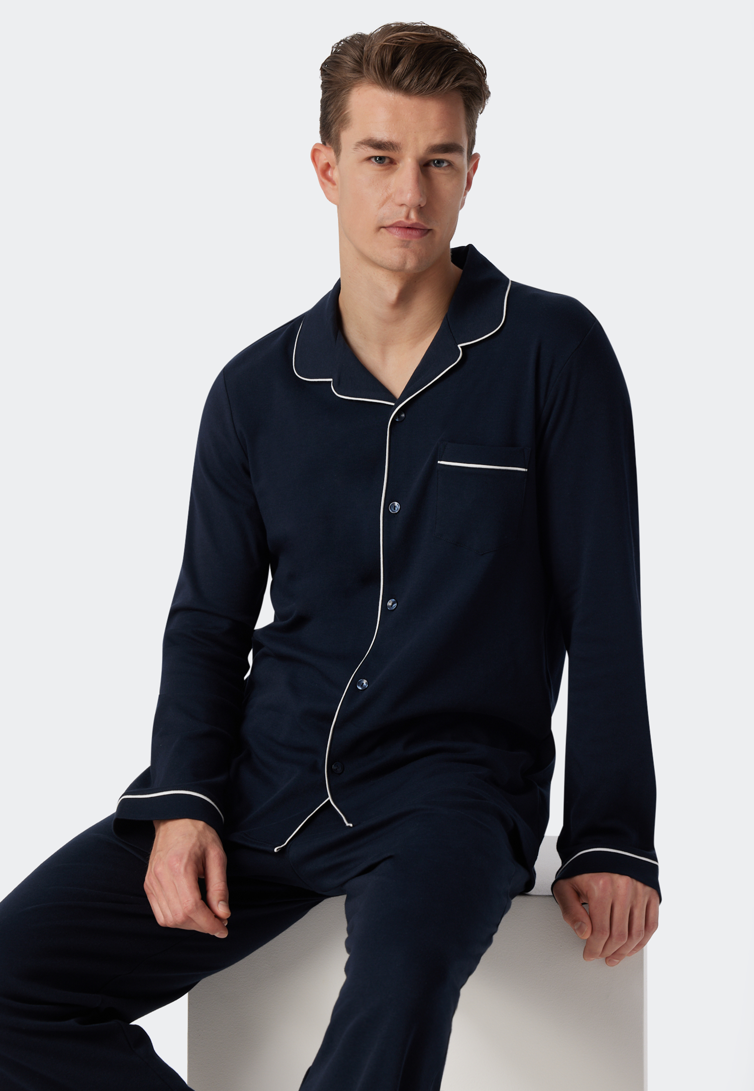 Schiesser Pyjama lang Interlock dunkelblau - Fine Interlock für Herren