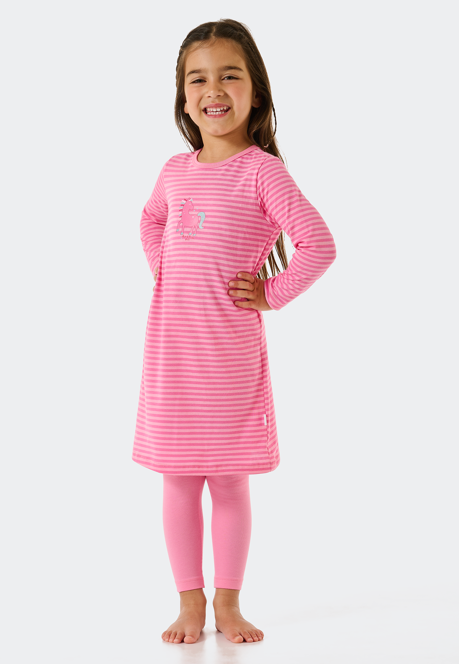 Schiesser Schlafanzug lang Streifen Pferd rosa - Original Classics für Mädchen