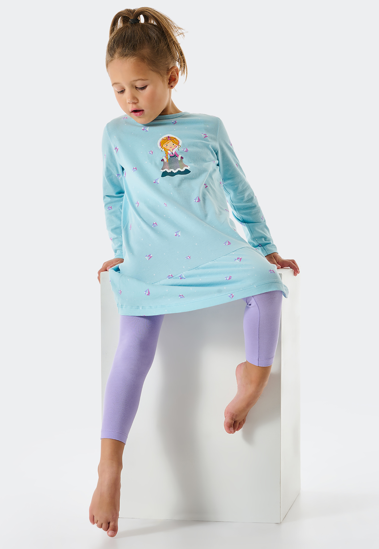 Schiesser Schlafanzug lang Organic Cotton Volant Leggings Eisprinzessin Edelsteine aqua - Girls World für Mädchen
