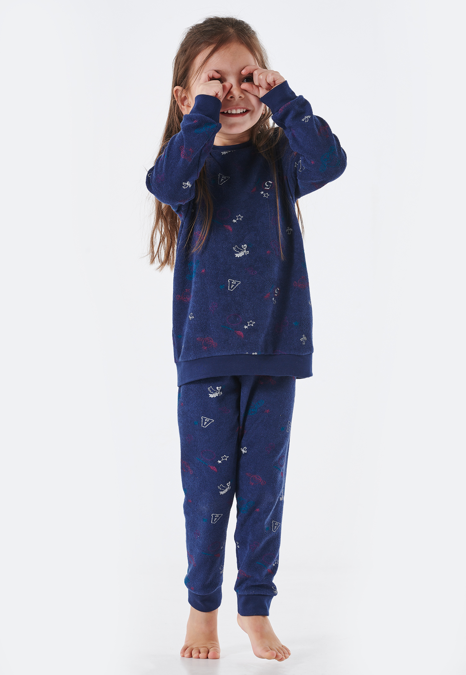 Schiesser Schlafanzug lang Frottee Organic Cotton Bündchen Zauberei Eule dunkelblau - Cat Zoe für Mädchen