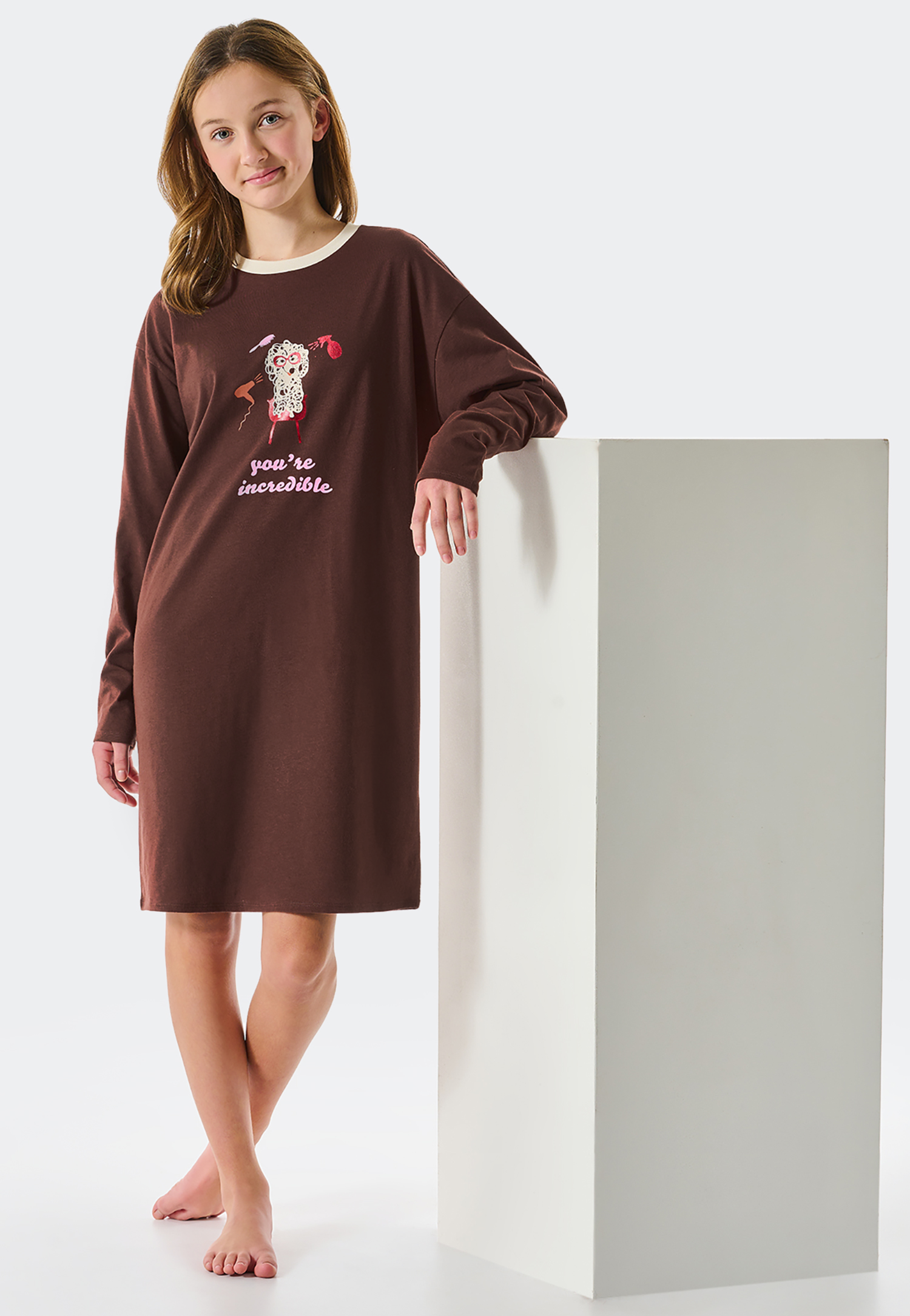 Schiesser Sleepshirt langarm Organic Cotton Hund braun - Teens Nightwear für Mädchen
