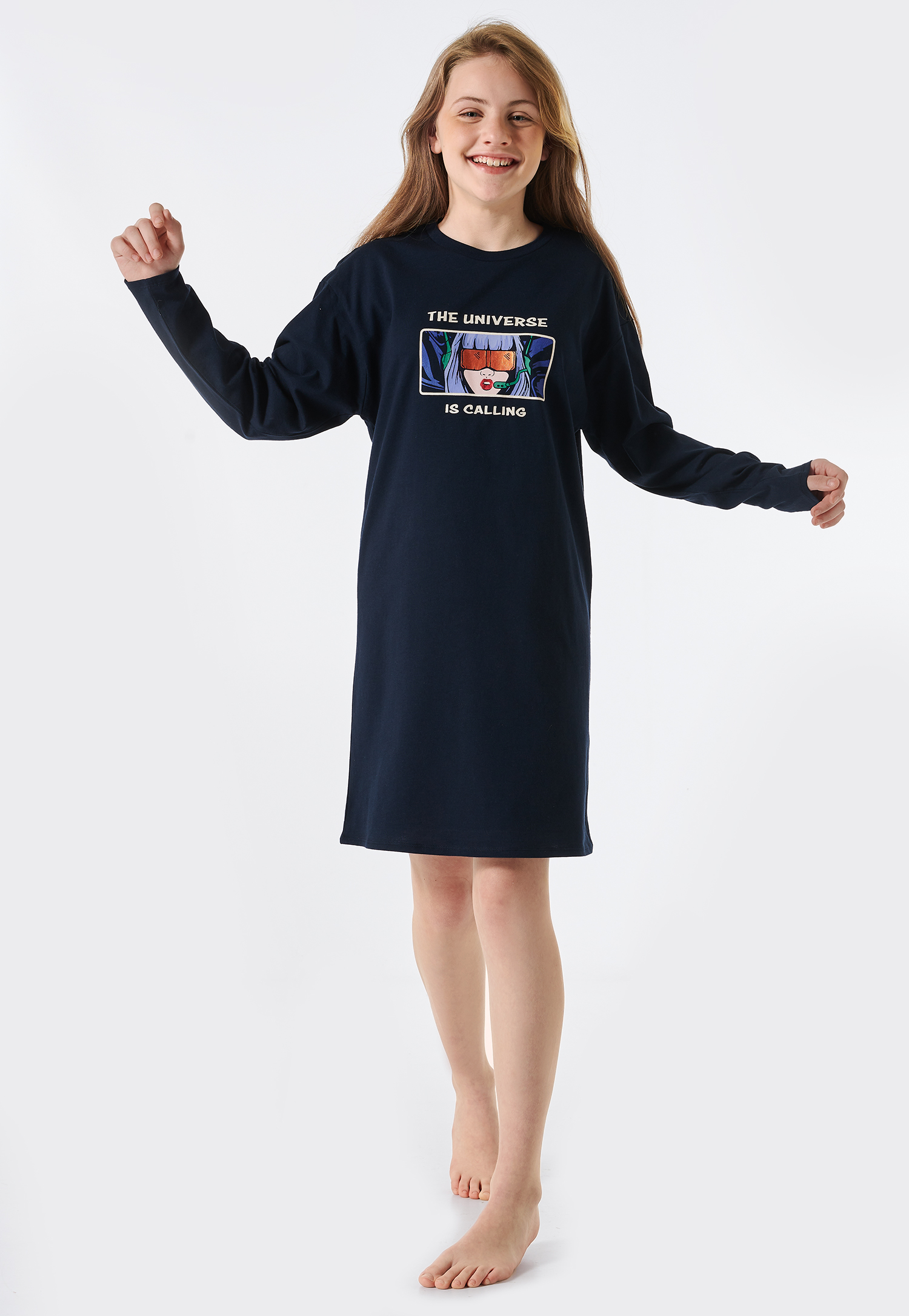 Schiesser Sleepshirt langarm Organic Cotton Universe nachtblau - Teens Nightwear für Mädchen
