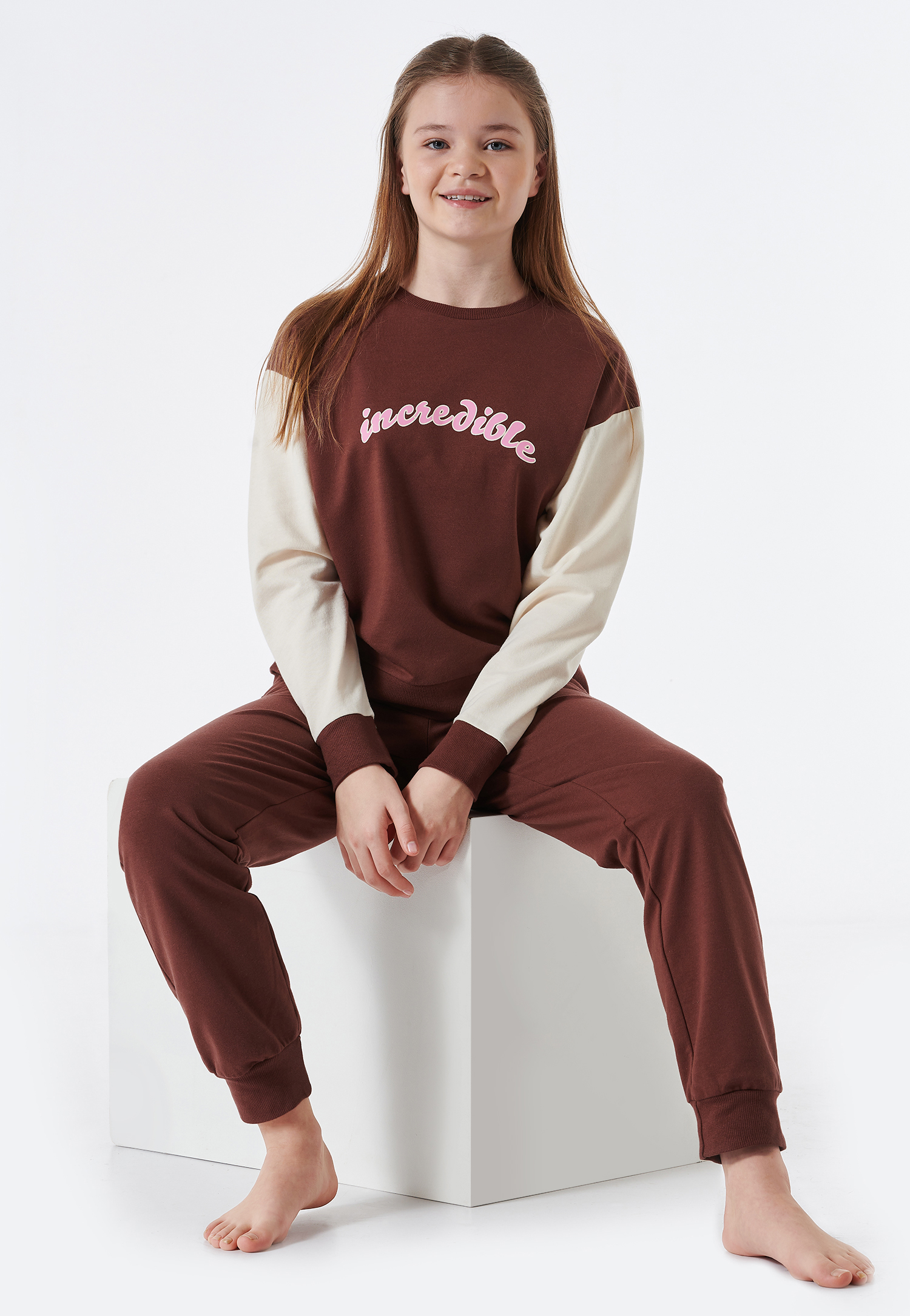 Schiesser Schlafanzug lang Sweatware Organic Cotton Bündchen braun - Teens Nightwear für Mädchen