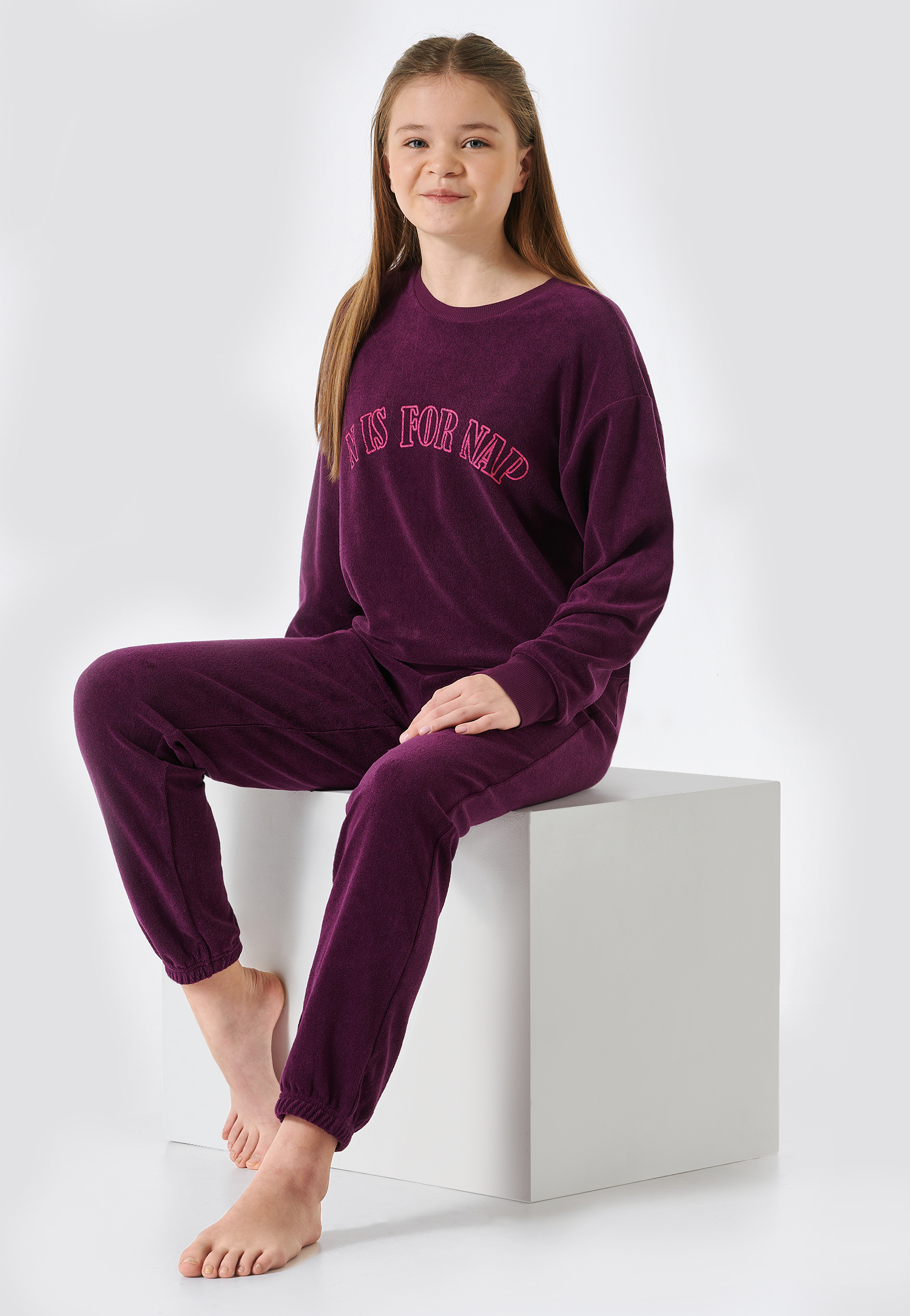 Schiesser Schlafanzug lang Frottee Bündchen aubergine - Teens Nightwear für Mädchen