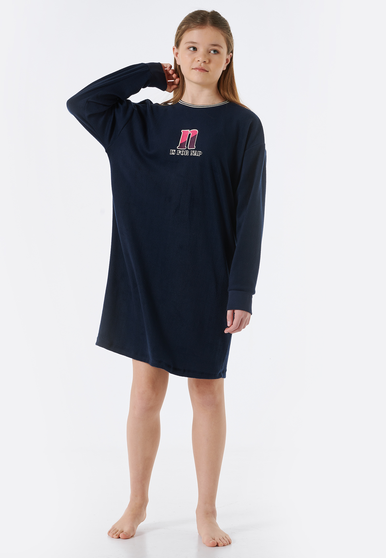 Schiesser Sleepshirt langarm Fleece Bündchen nachtblau - Teens Nightwear für Mädchen