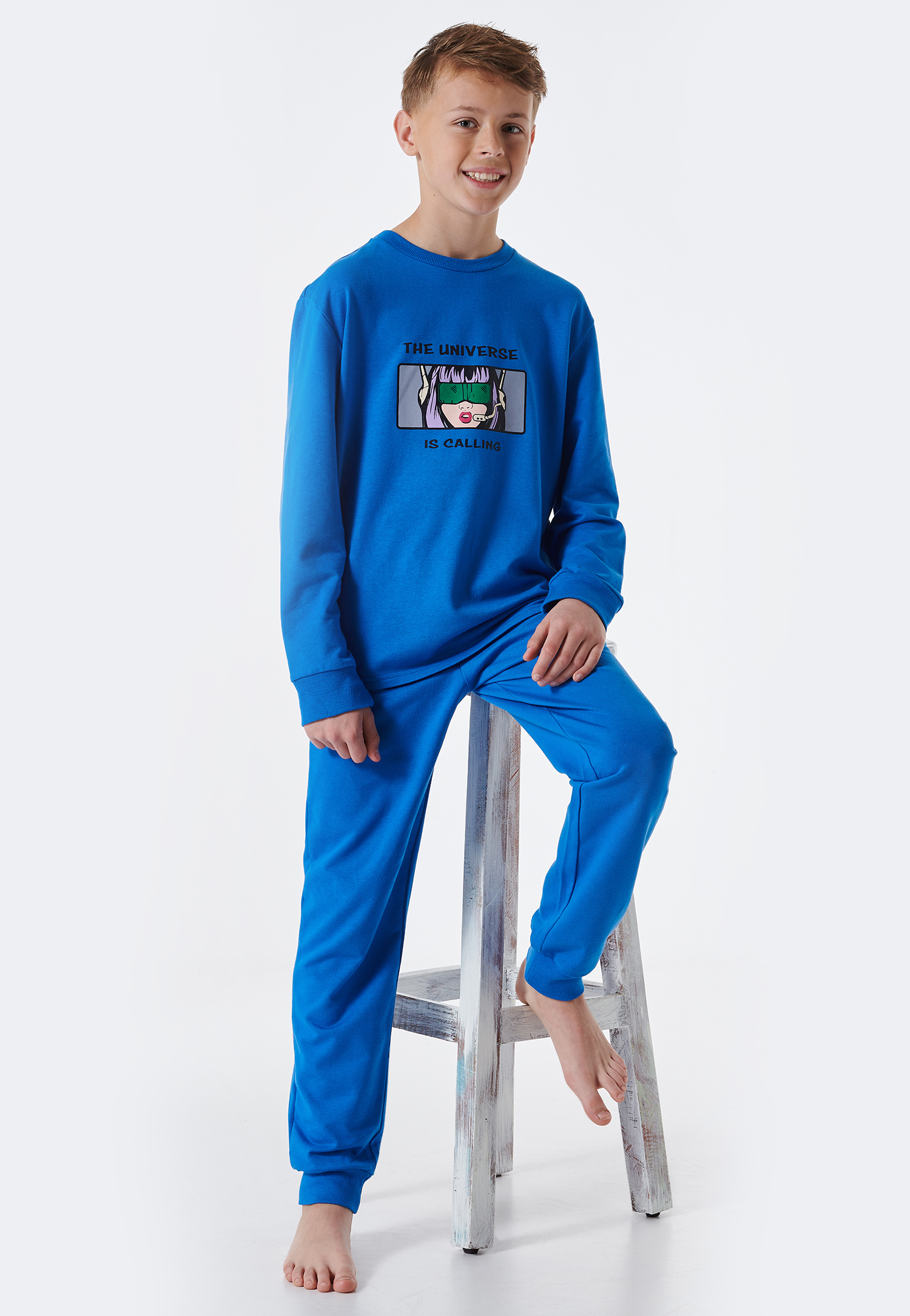 Schiesser Schlafanzug lang Sweatware Organic Cotton Bündchen Universe blau - Teens Nightwear für Jungen